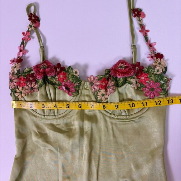Princess Polly Kenzie Green Satin Mini Dress Size 2 Floral Embroidered Underwire - Picture 4 of 15
